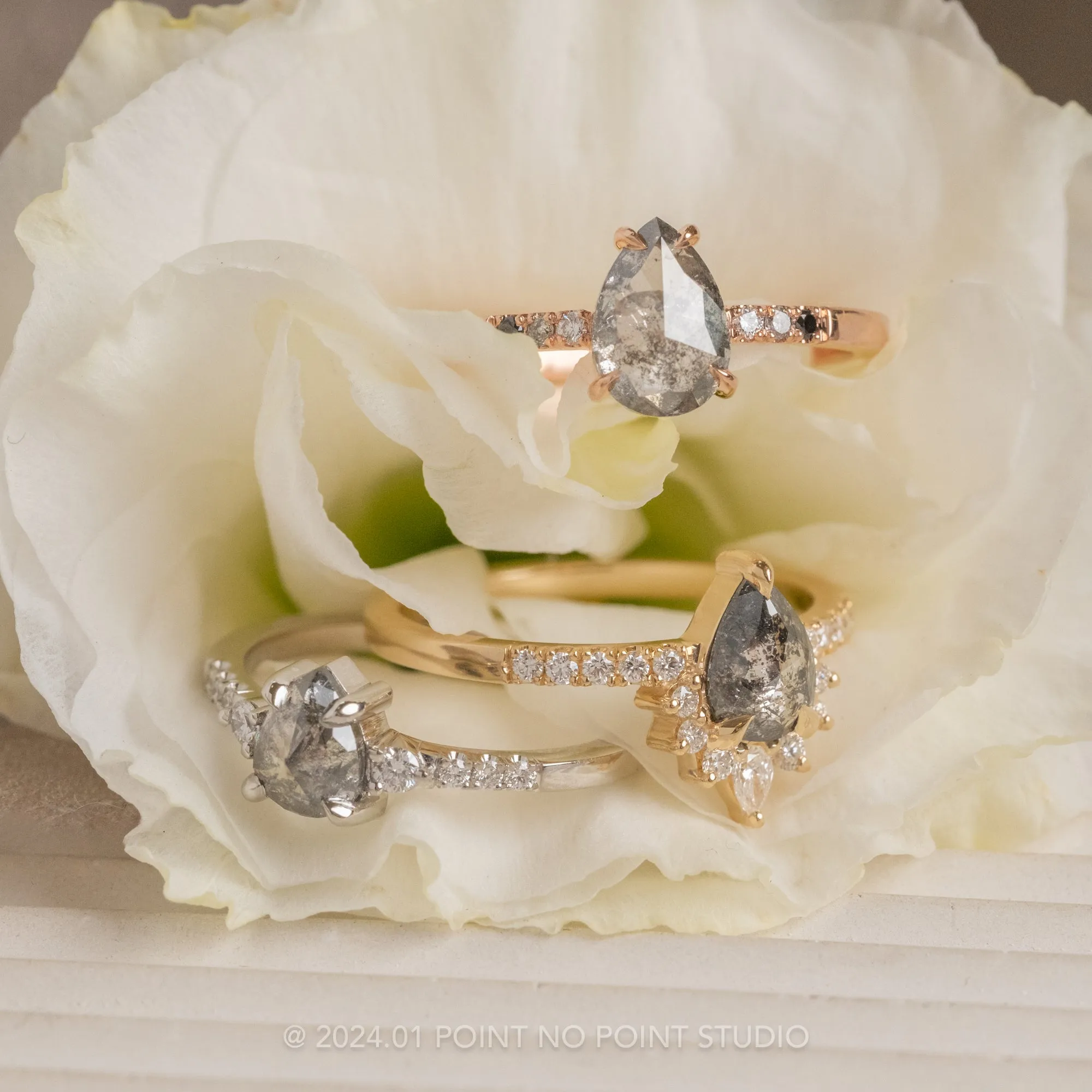 .98 Carat Salt and Pepper Pear Diamond Engagement Ring, Eliza Setting, 14k White Gold