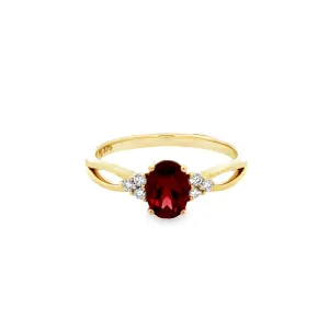 9ct Yellow Gold Oval Garnet and Diamond Split Shoulder Ring