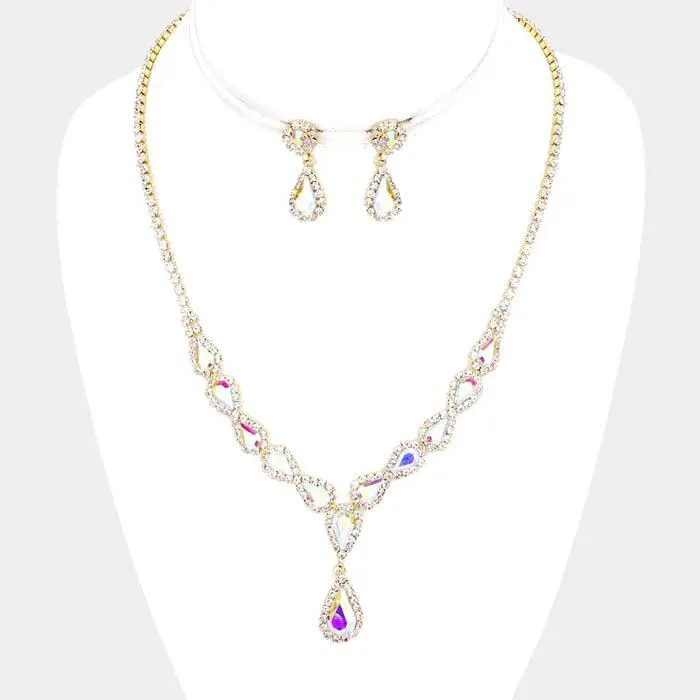Abalone Pear Crystal Rhinestone Drop Gold Necklace Set