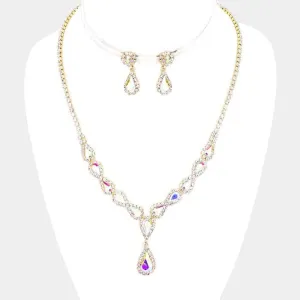 Abalone Pear Crystal Rhinestone Drop Gold Necklace Set