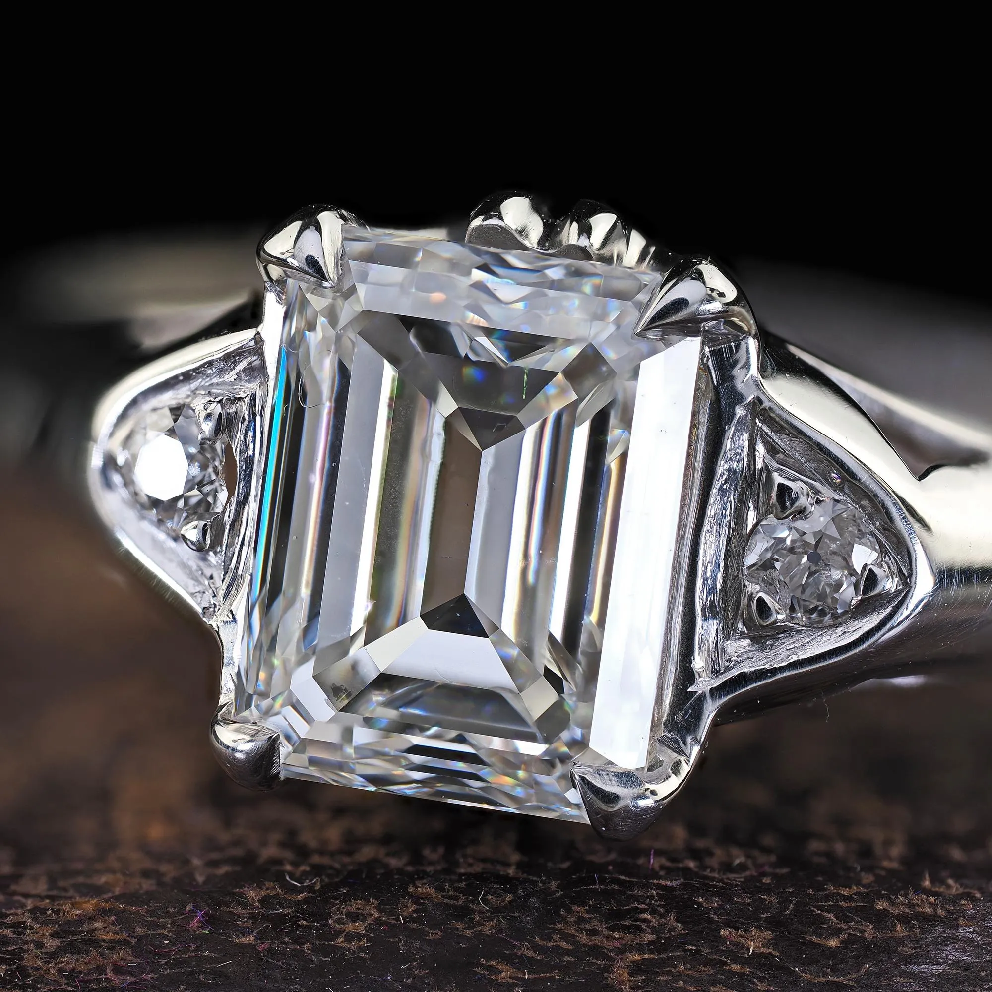 Antique Art Deco Platinum Emerald Cut Diamond Engagement Ring - GIA