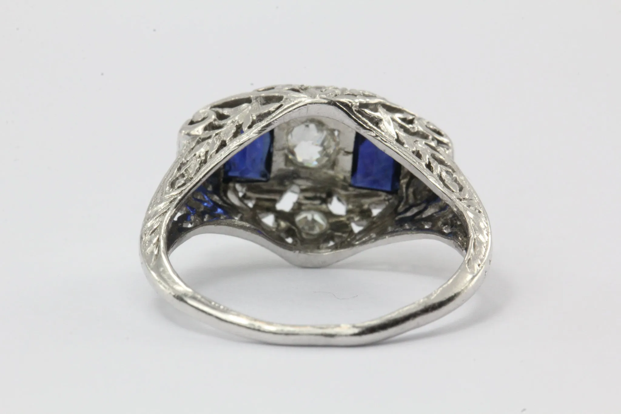 Antique Art Deco Platinum Old European Diamond & Sapphire Ring