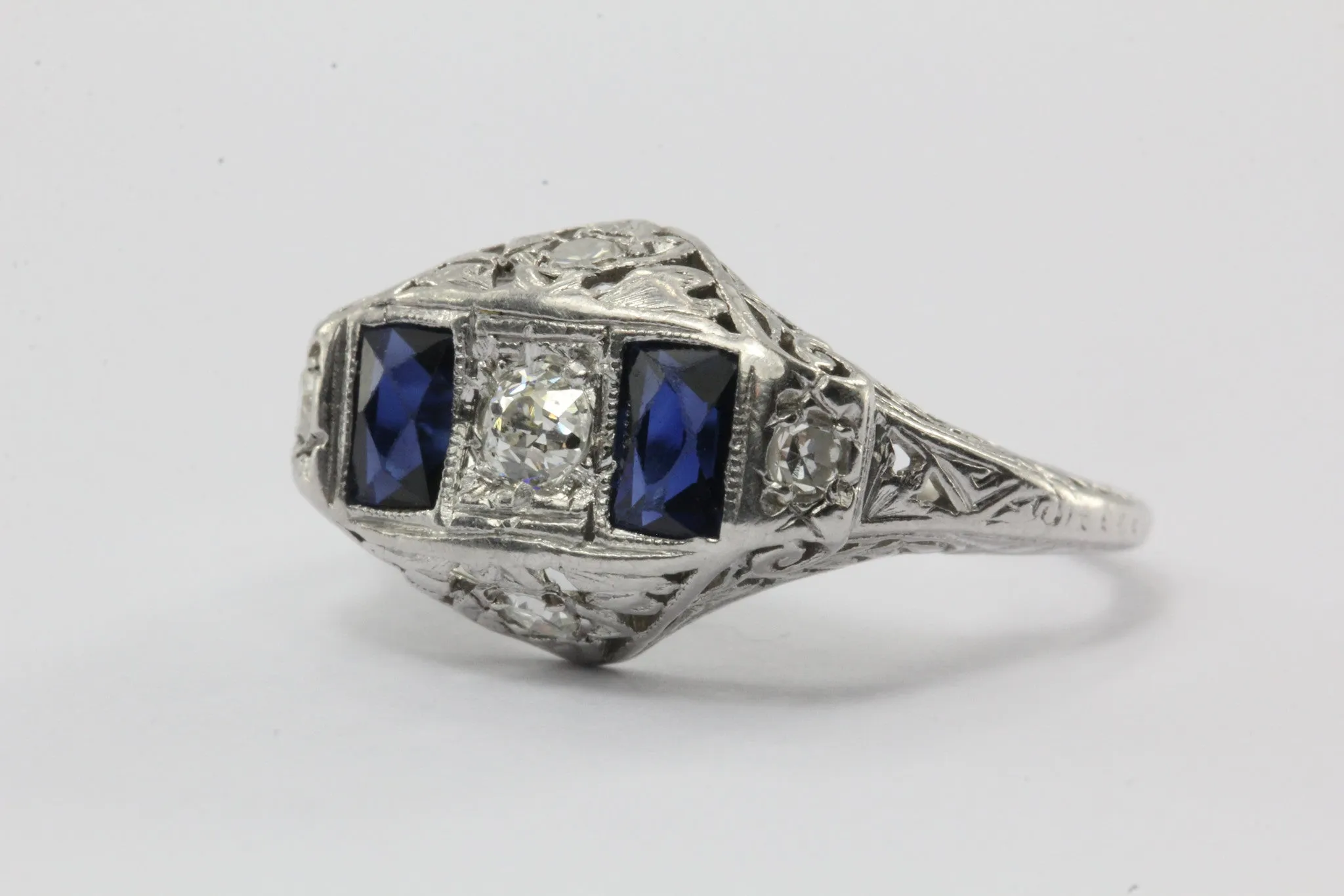 Antique Art Deco Platinum Old European Diamond & Sapphire Ring