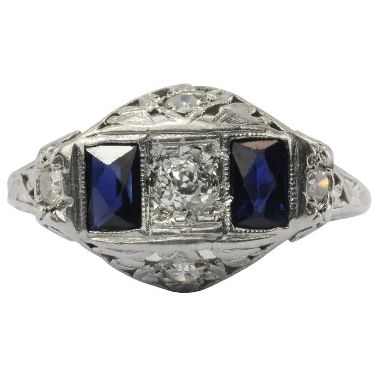 Antique Art Deco Platinum Old European Diamond & Sapphire Ring