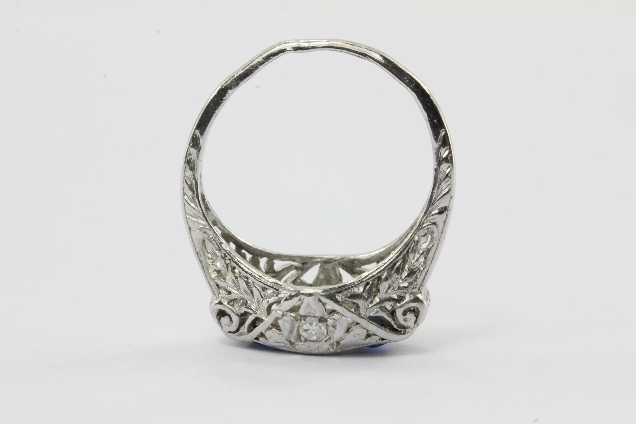 Antique Art Deco Platinum Old European Diamond & Sapphire Ring