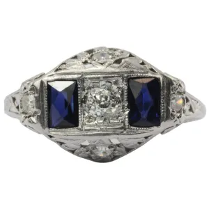Antique Art Deco Platinum Old European Diamond & Sapphire Ring