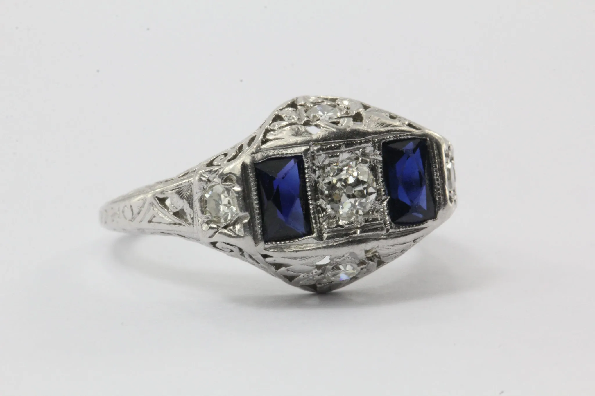 Antique Art Deco Platinum Old European Diamond & Sapphire Ring