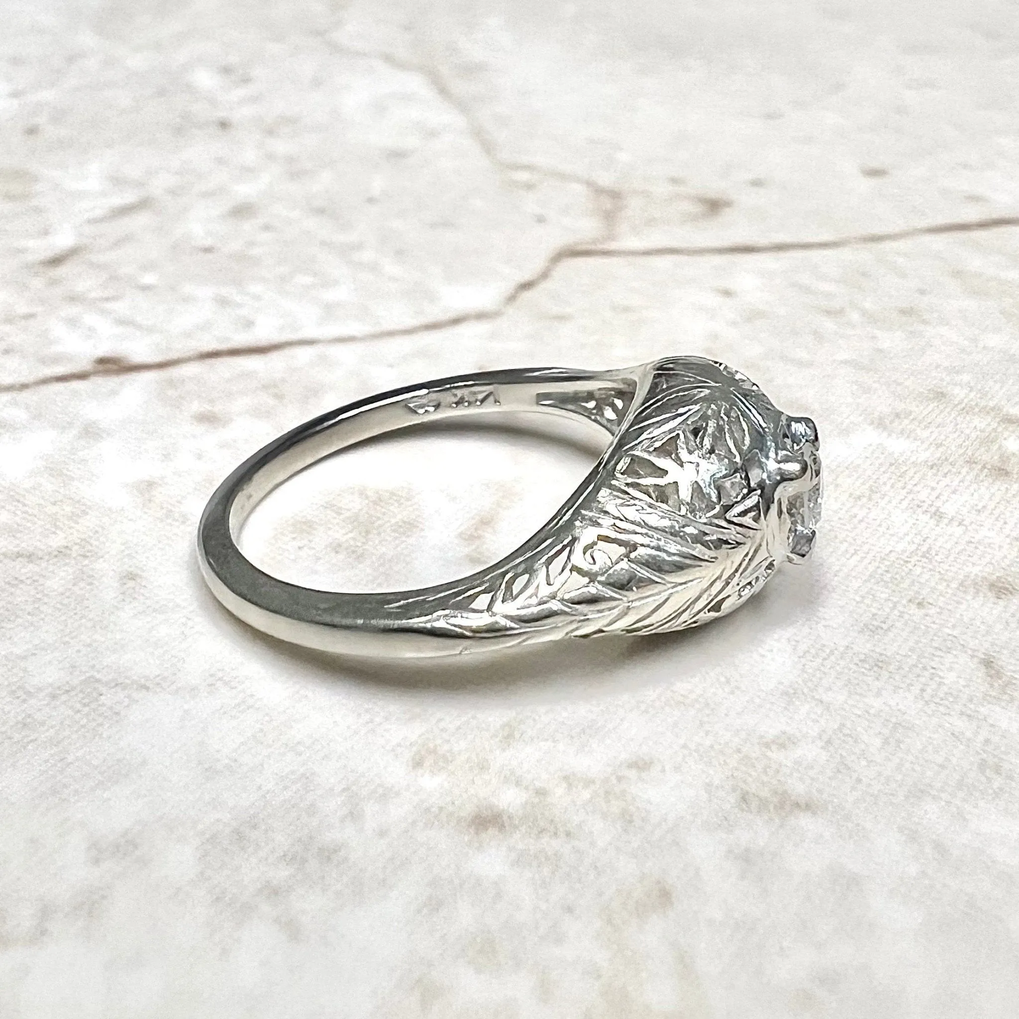 Antique Edwardian 14 Karat White Gold Filigree 0.15 Carat Diamond Engagement Ring