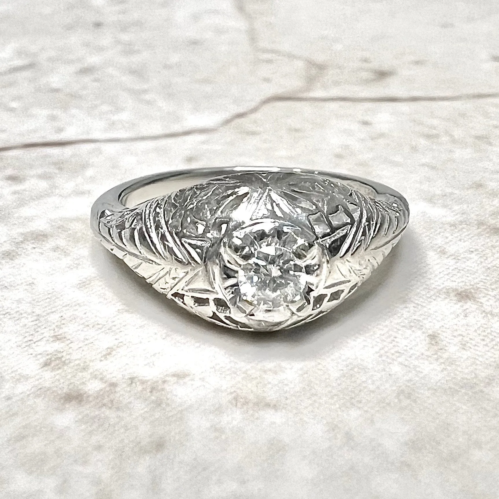 Antique Edwardian 14 Karat White Gold Filigree 0.15 Carat Diamond Engagement Ring