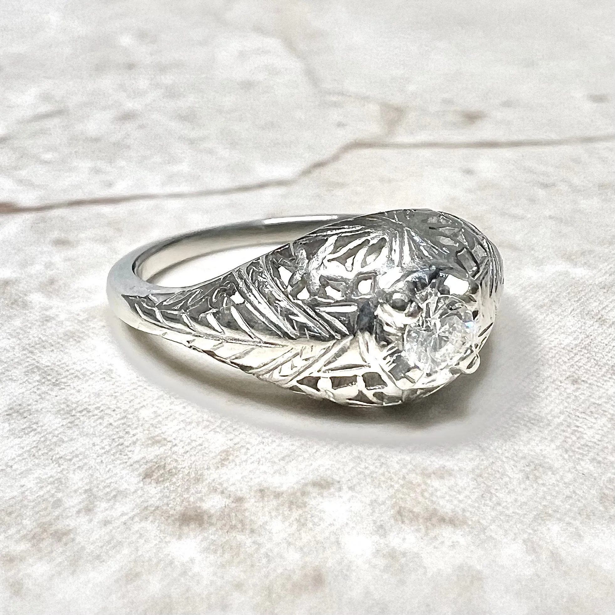Antique Edwardian 14 Karat White Gold Filigree 0.15 Carat Diamond Engagement Ring