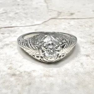 Antique Edwardian 14 Karat White Gold Filigree 0.15 Carat Diamond Engagement Ring