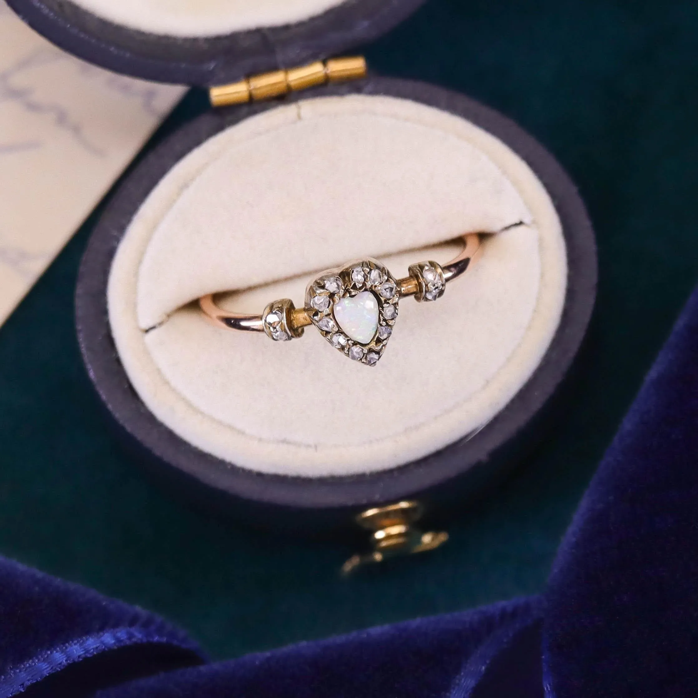 Antique Opal and Diamond Heart Ring of 18k Gold