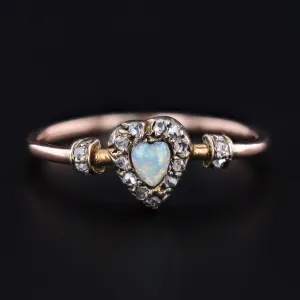 Antique Opal and Diamond Heart Ring of 18k Gold
