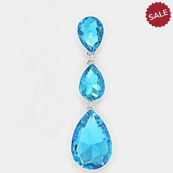 Aqua Blue Crystal Triple Teardrop Silver Evening Earrings