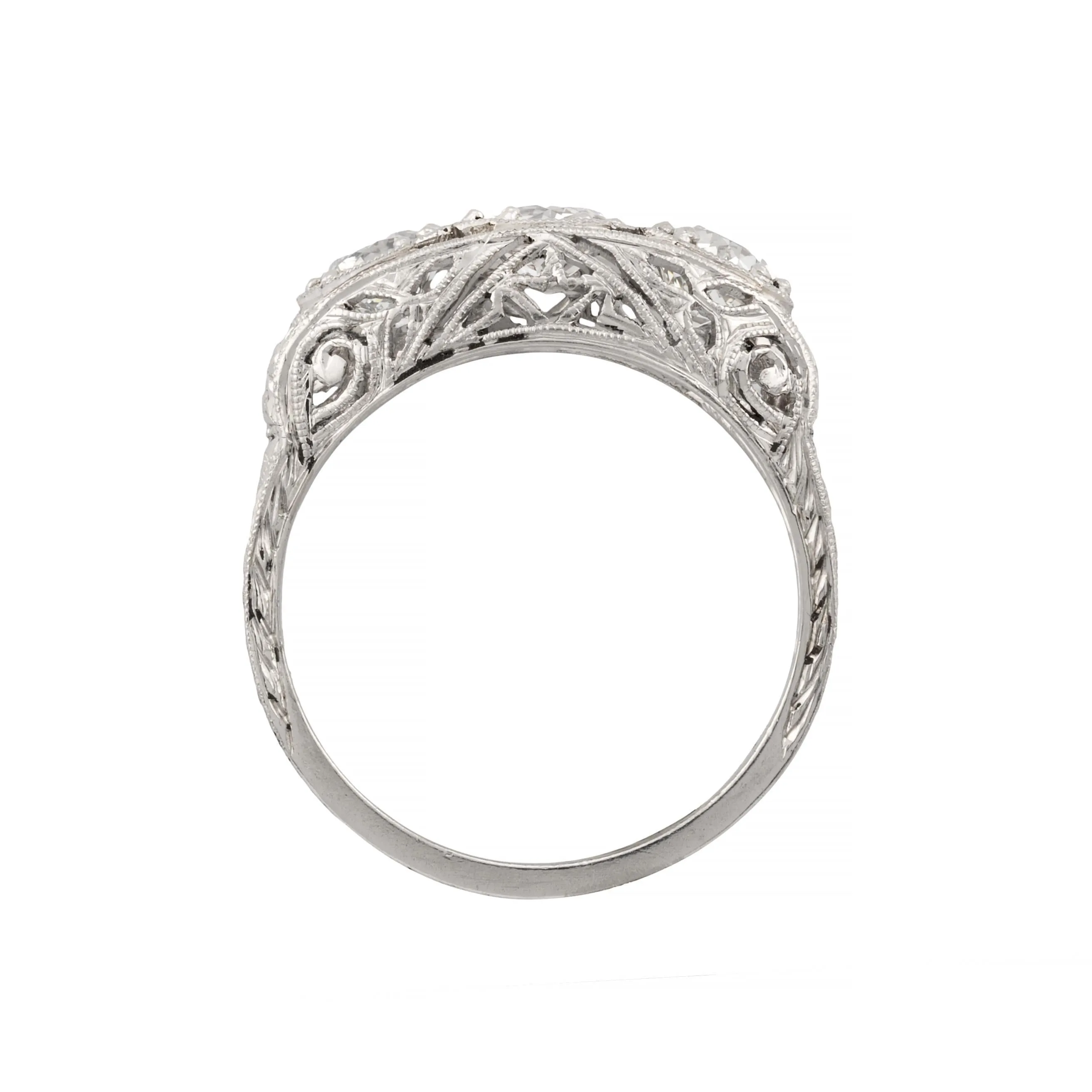 Art Deco 1.45ctw Three Stone Diamond Filigree Ring in Platinum Circa 1920's