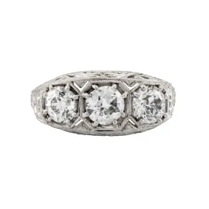 Art Deco 1.45ctw Three Stone Diamond Filigree Ring in Platinum Circa 1920's