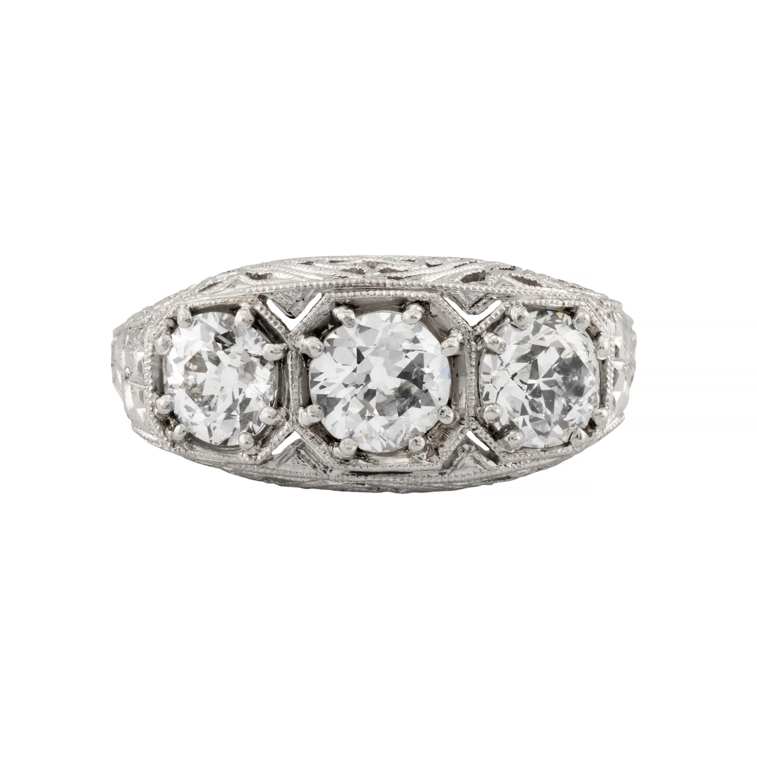 Art Deco 1.45ctw Three Stone Diamond Filigree Ring in Platinum Circa 1920's
