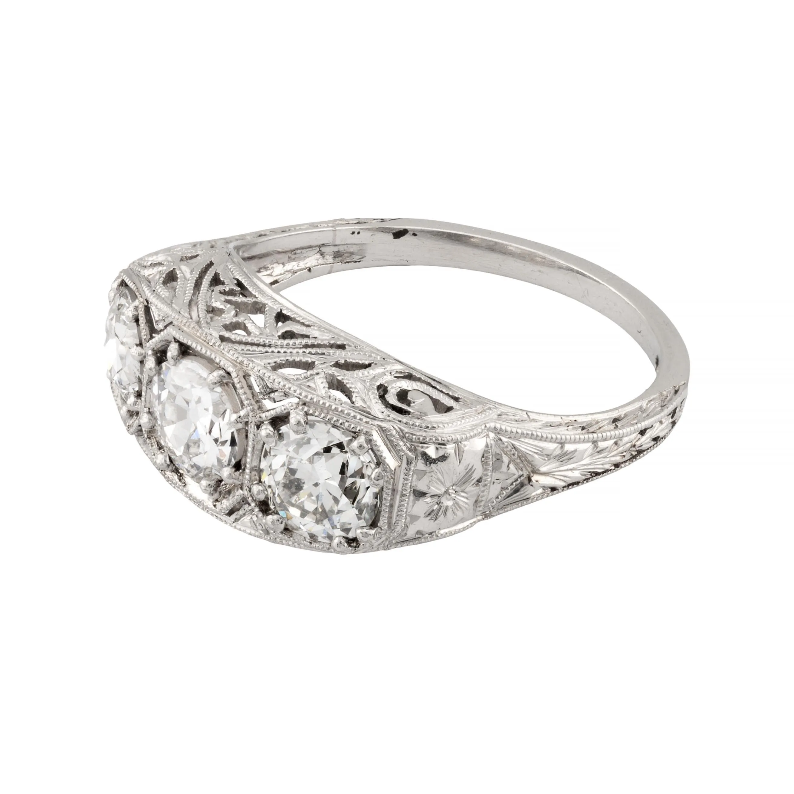 Art Deco 1.45ctw Three Stone Diamond Filigree Ring in Platinum Circa 1920's