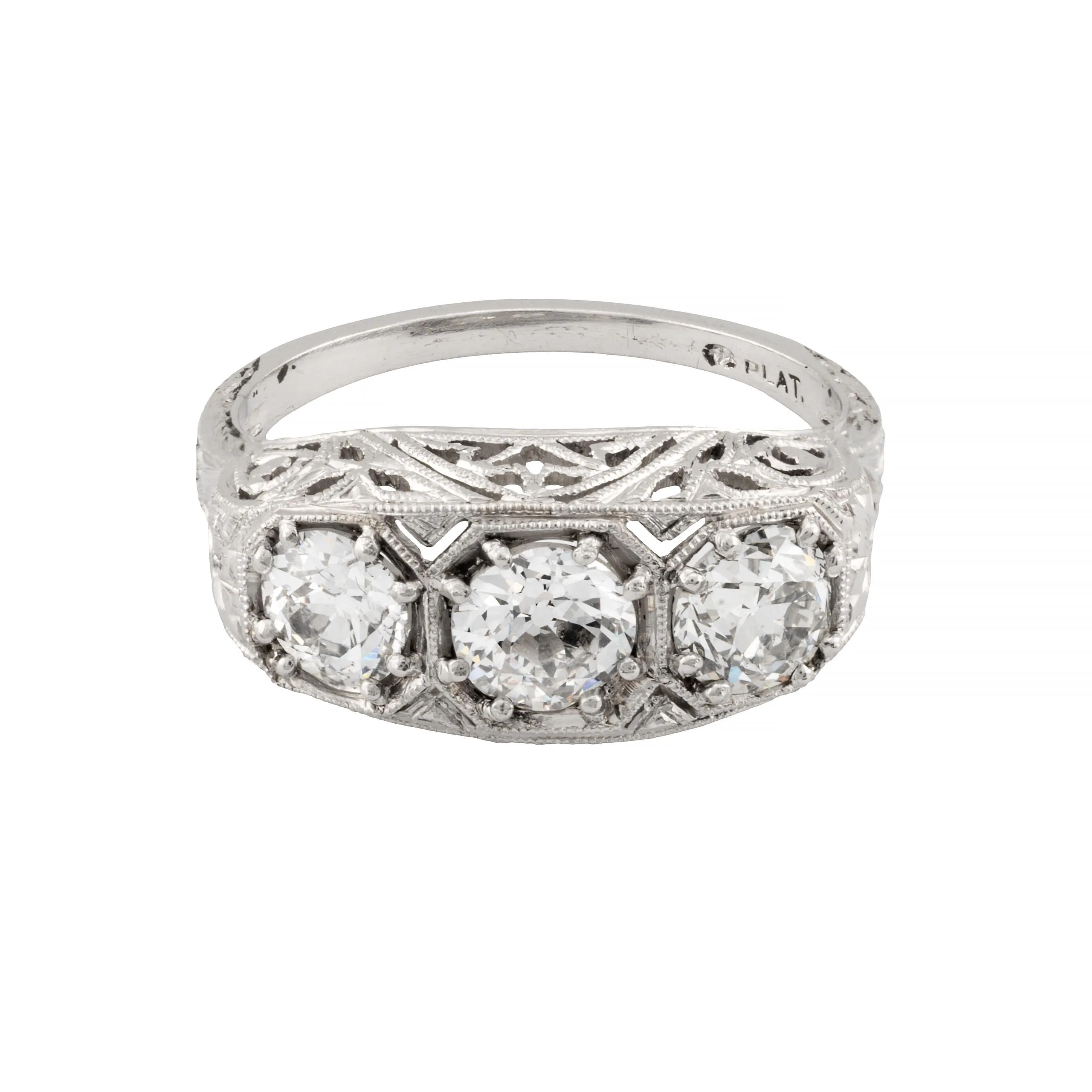 Art Deco 1.45ctw Three Stone Diamond Filigree Ring in Platinum Circa 1920's