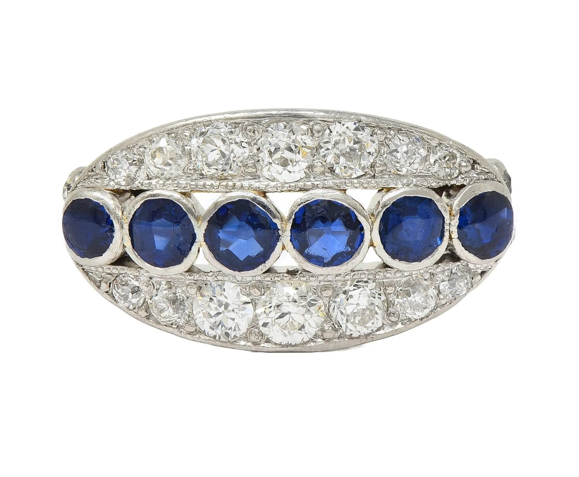Art Deco 1.89 CTW Sapphire Diamond Platinum 18 Karat Yellow Gold Vintage Band Ring