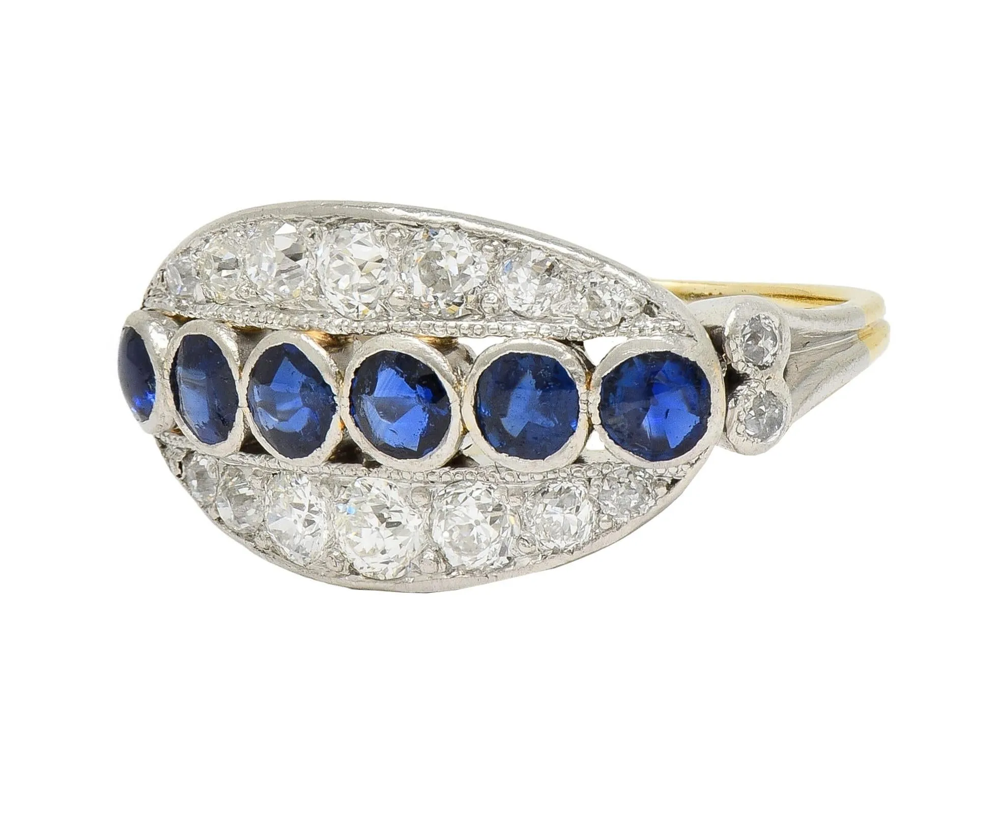 Art Deco 1.89 CTW Sapphire Diamond Platinum 18 Karat Yellow Gold Vintage Band Ring