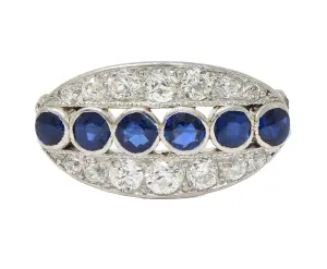 Art Deco 1.89 CTW Sapphire Diamond Platinum 18 Karat Yellow Gold Vintage Band Ring