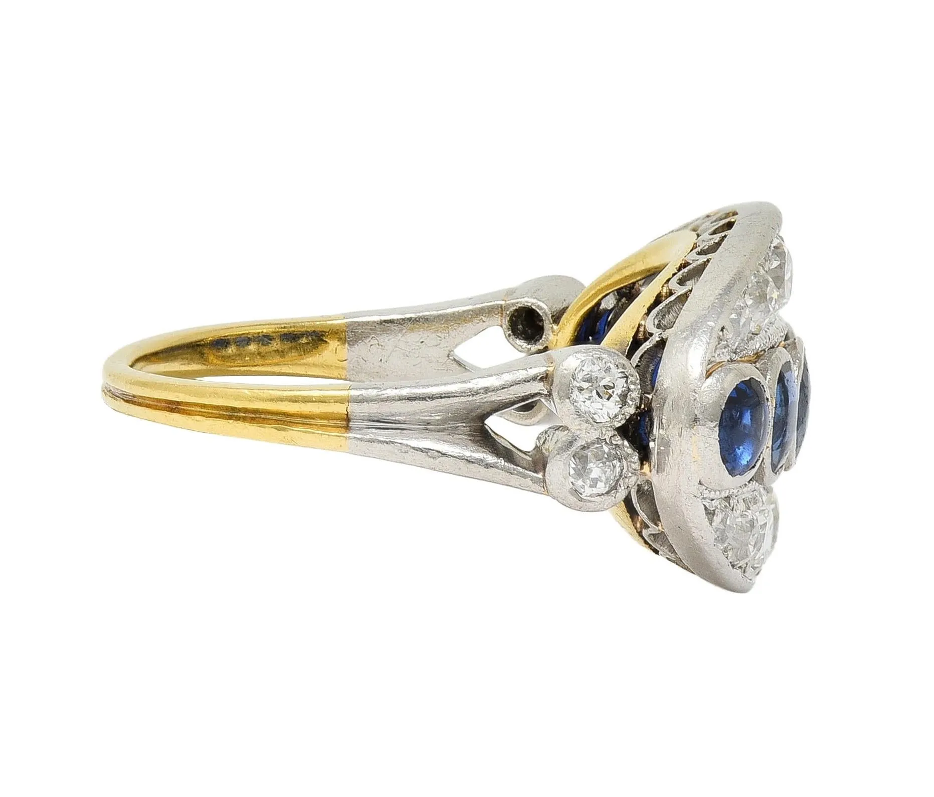 Art Deco 1.89 CTW Sapphire Diamond Platinum 18 Karat Yellow Gold Vintage Band Ring