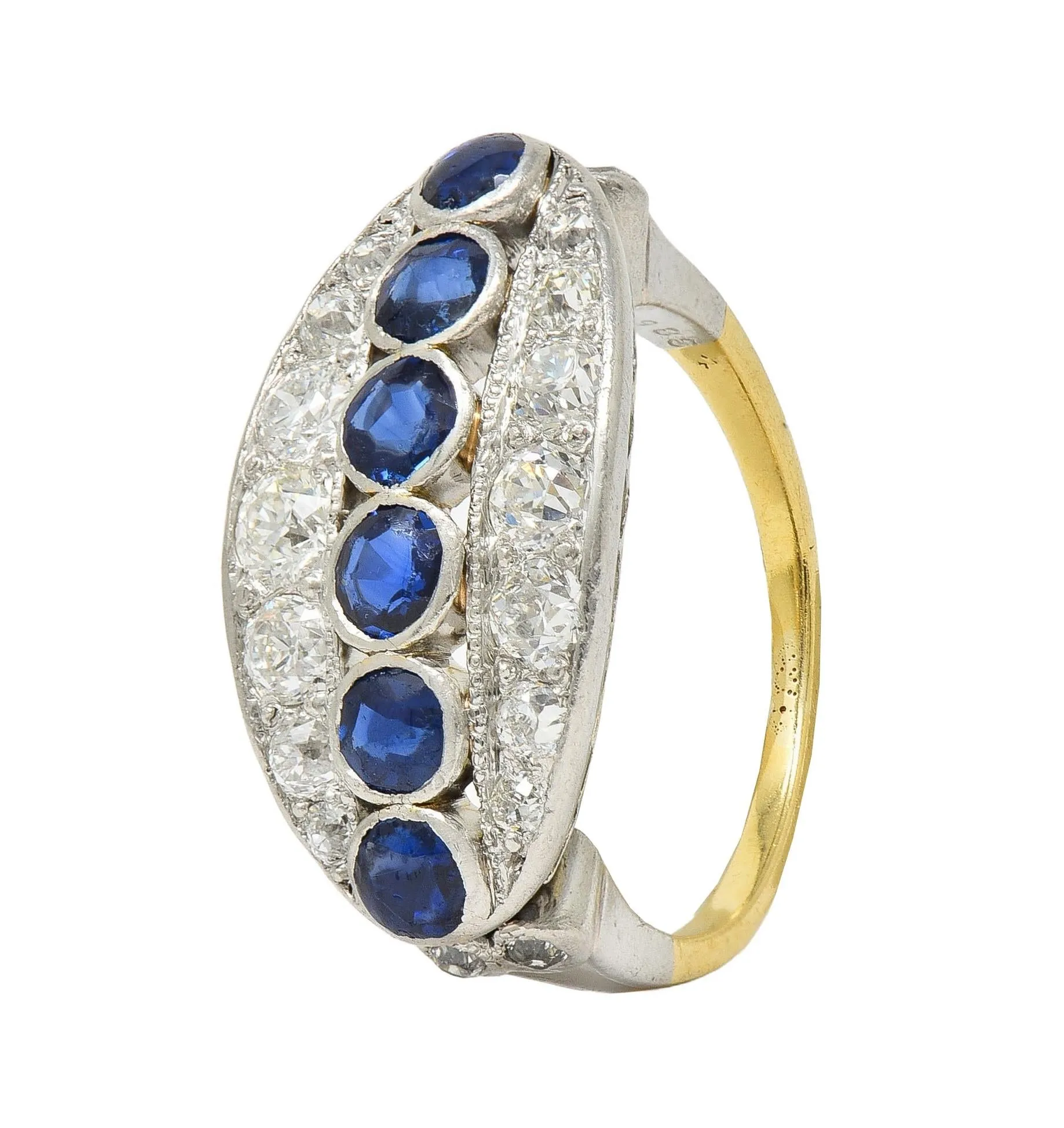 Art Deco 1.89 CTW Sapphire Diamond Platinum 18 Karat Yellow Gold Vintage Band Ring