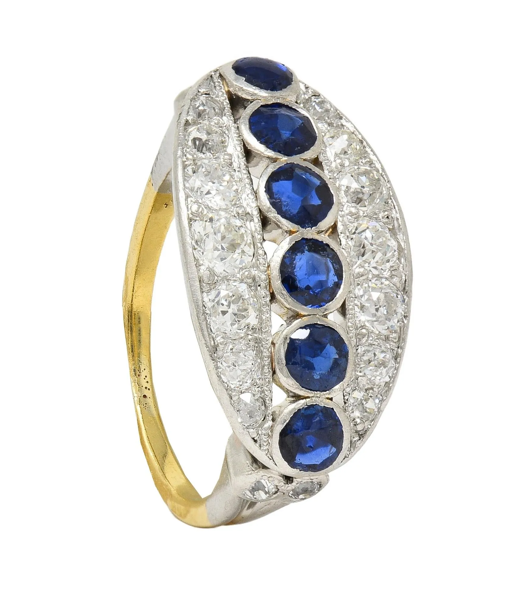 Art Deco 1.89 CTW Sapphire Diamond Platinum 18 Karat Yellow Gold Vintage Band Ring