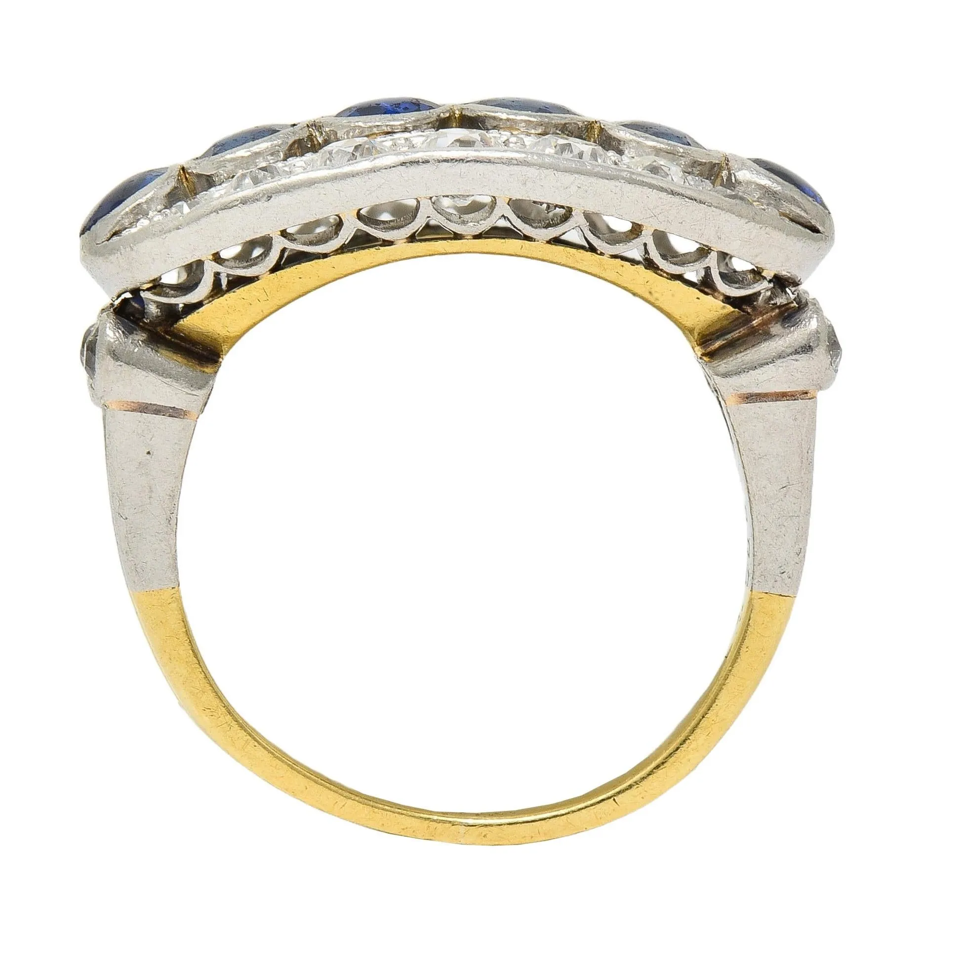 Art Deco 1.89 CTW Sapphire Diamond Platinum 18 Karat Yellow Gold Vintage Band Ring