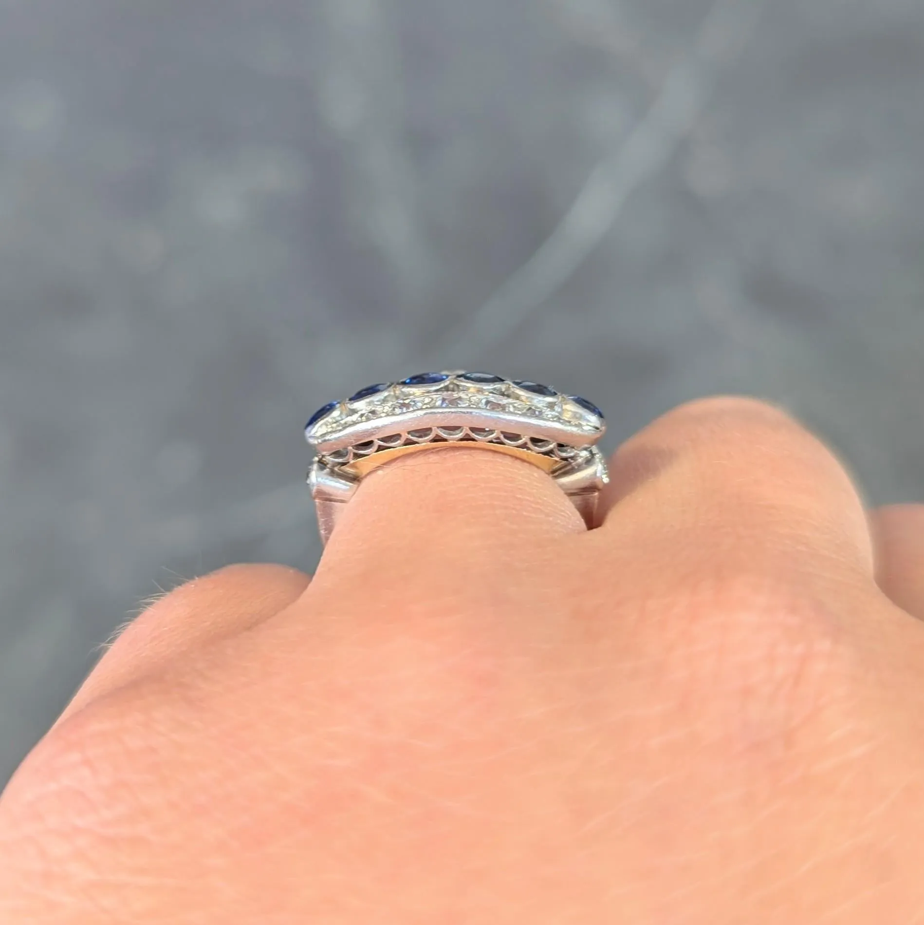 Art Deco 1.89 CTW Sapphire Diamond Platinum 18 Karat Yellow Gold Vintage Band Ring