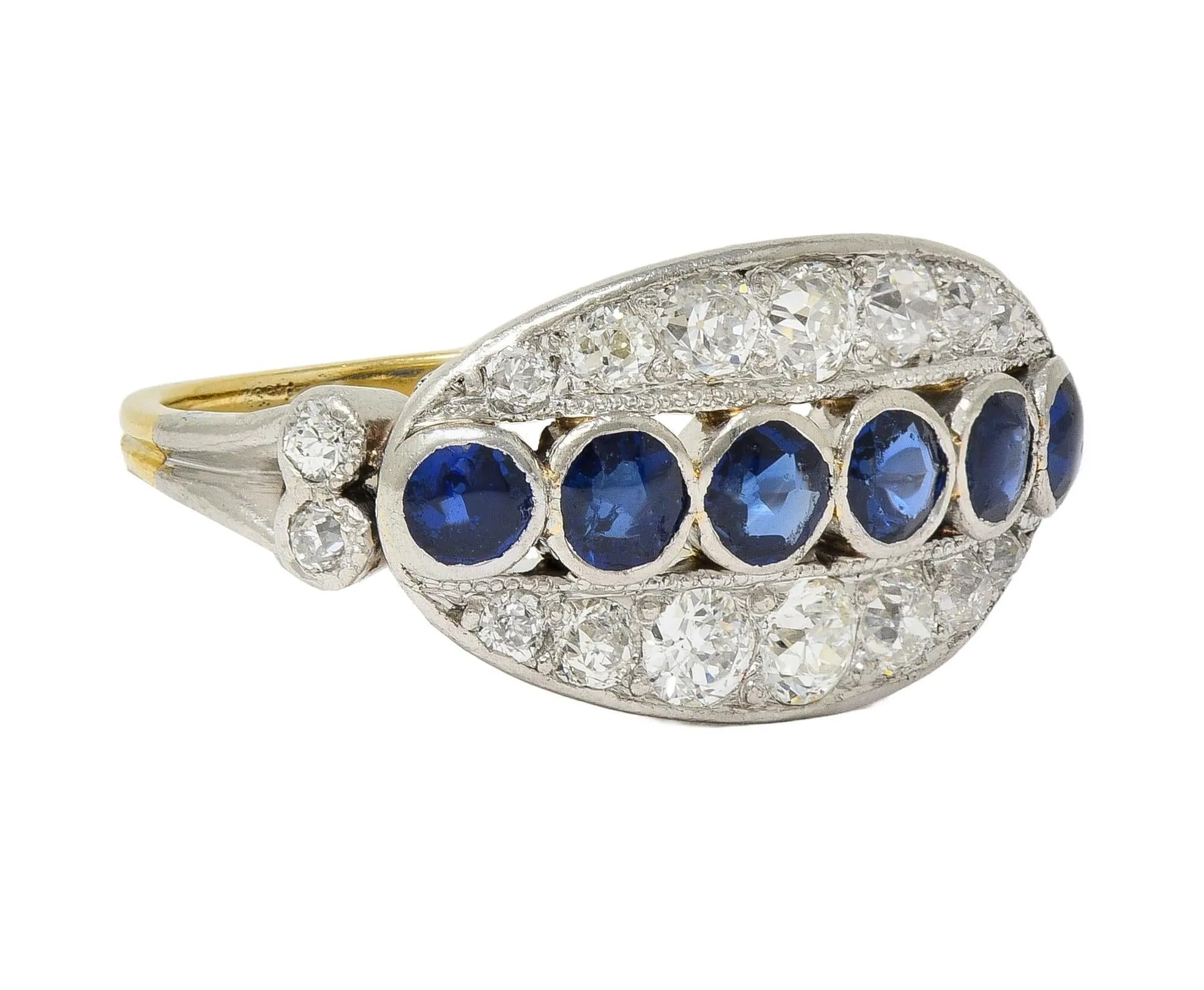 Art Deco 1.89 CTW Sapphire Diamond Platinum 18 Karat Yellow Gold Vintage Band Ring