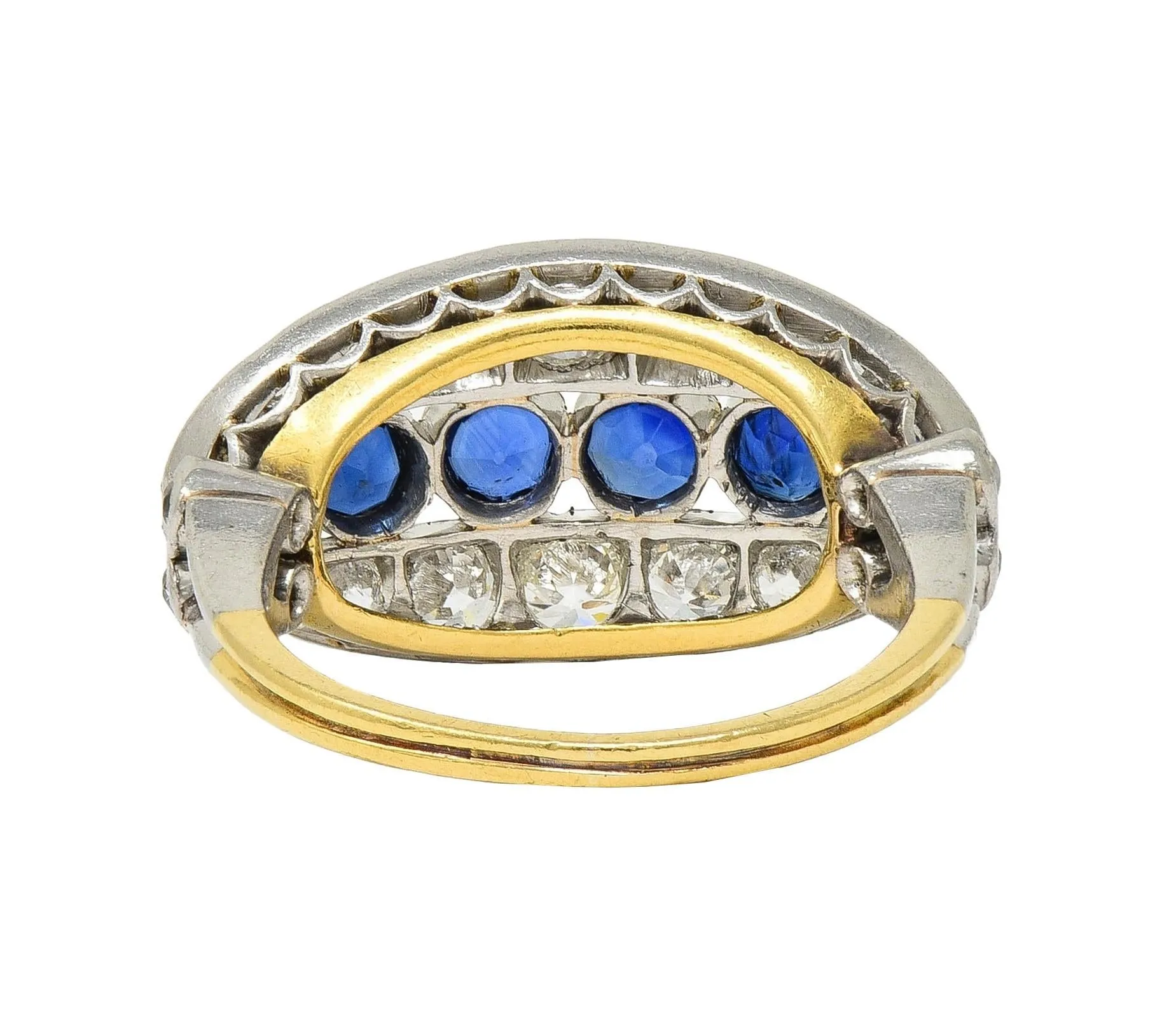 Art Deco 1.89 CTW Sapphire Diamond Platinum 18 Karat Yellow Gold Vintage Band Ring