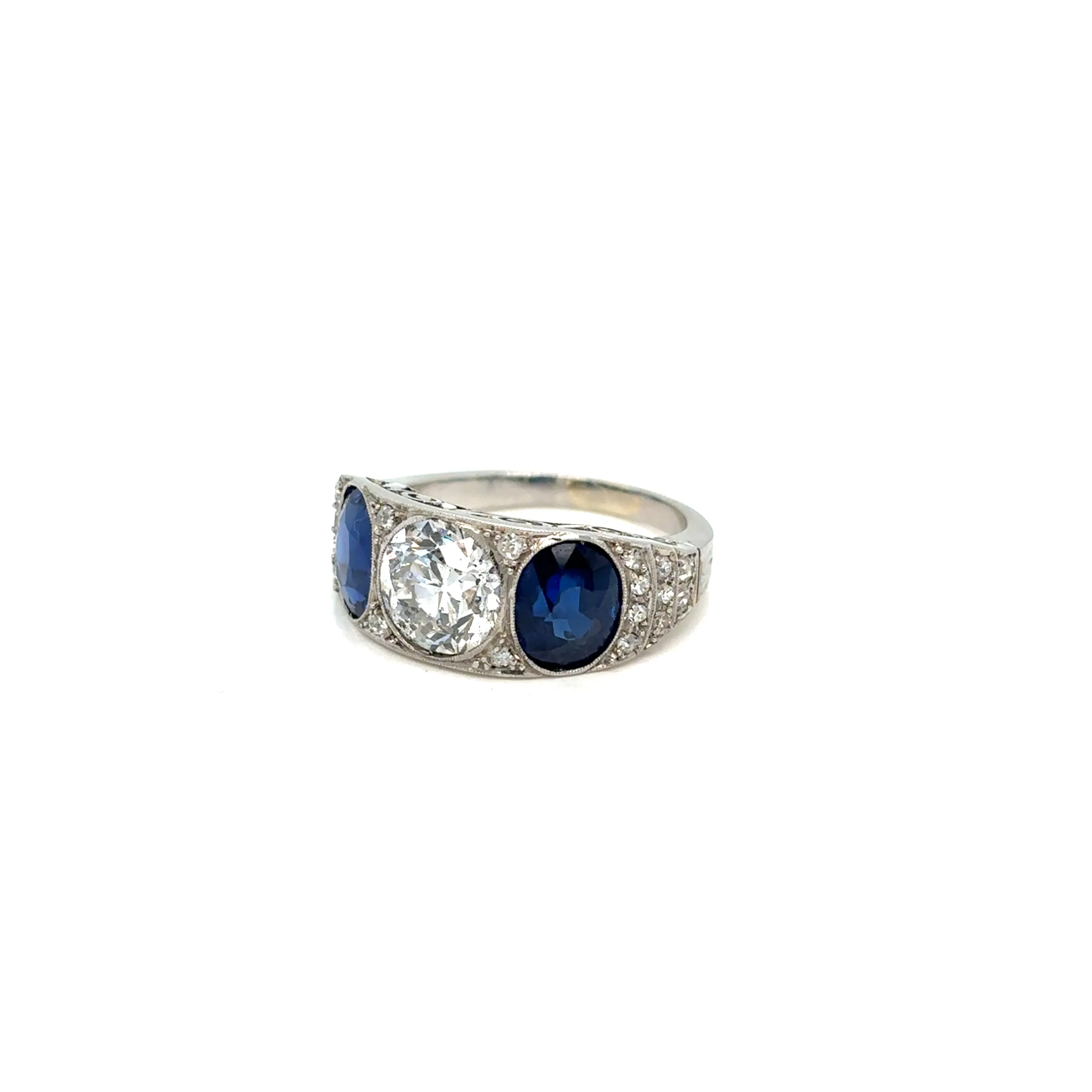 Art Deco Certified 4.10 Carat Natural Sapphire Diamond Plaque Filigree Ring