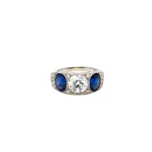 Art Deco Certified 4.10 Carat Natural Sapphire Diamond Plaque Filigree Ring