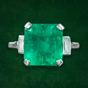 Art Deco Emerald Diamond Trilogy Ring 7.24ct Colombian Emerald With Cert