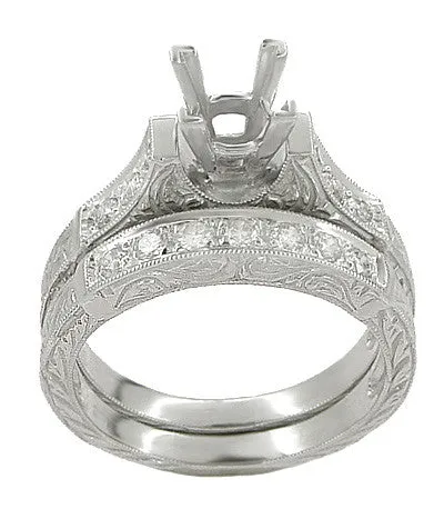 Art Deco Platinum Carved Scrolls Engagement Ring Setting for a 1.75 Carat Princess Cut Diamond with Matching Wedding Ring