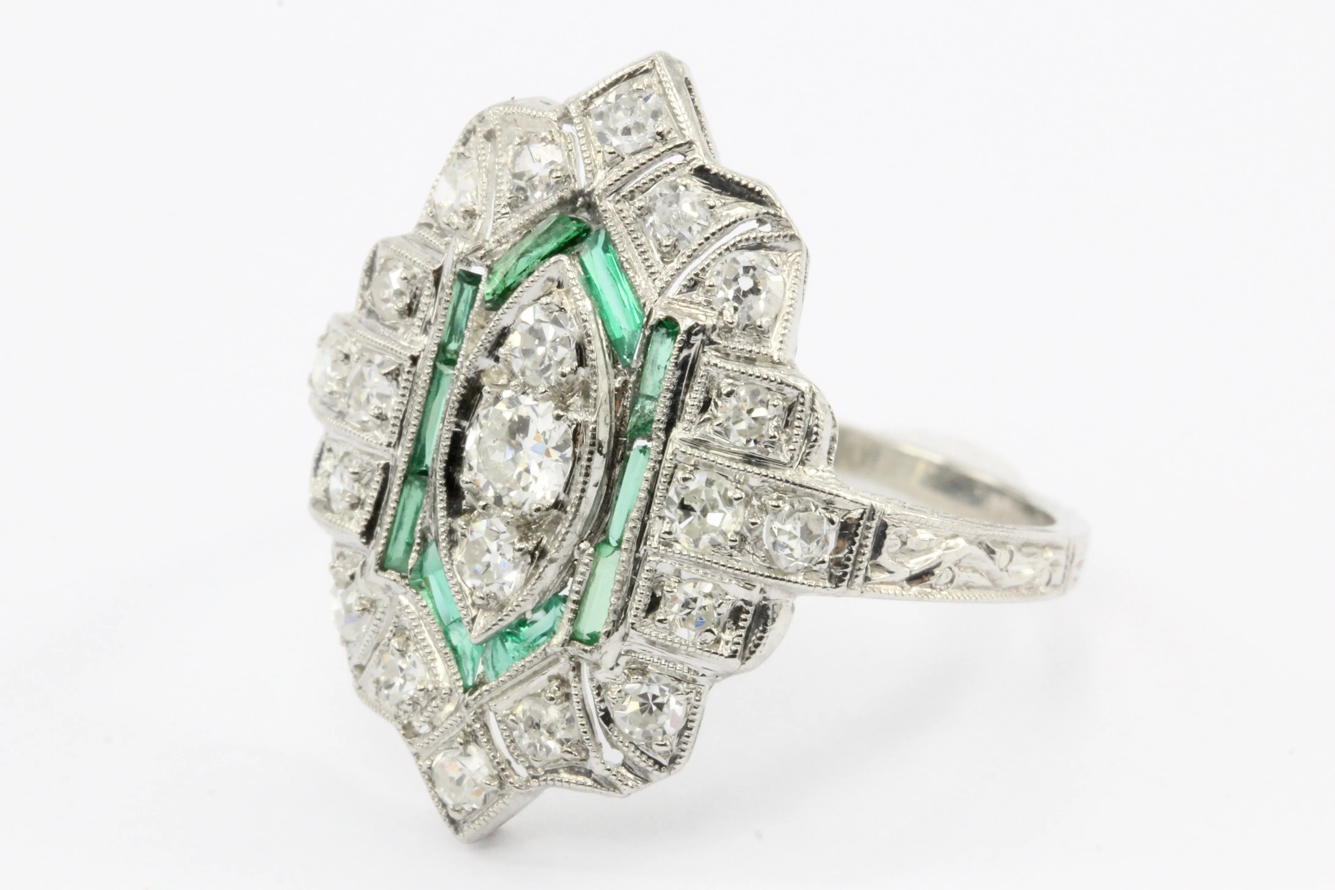 Art Deco Platinum Old European Cut Diamond Emerald Ring c.1920's