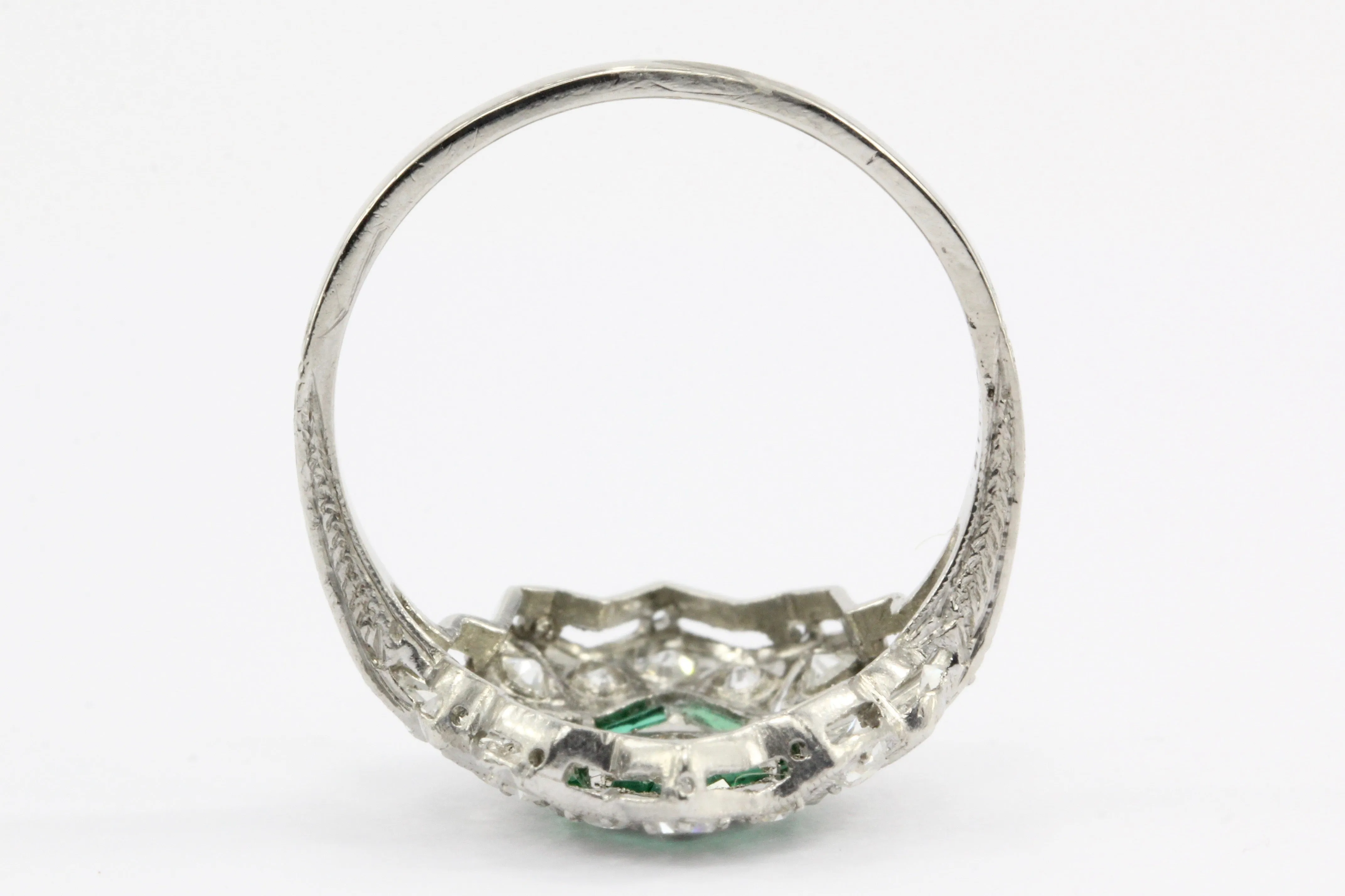 Art Deco Platinum Old European Cut Diamond Emerald Ring c.1920's