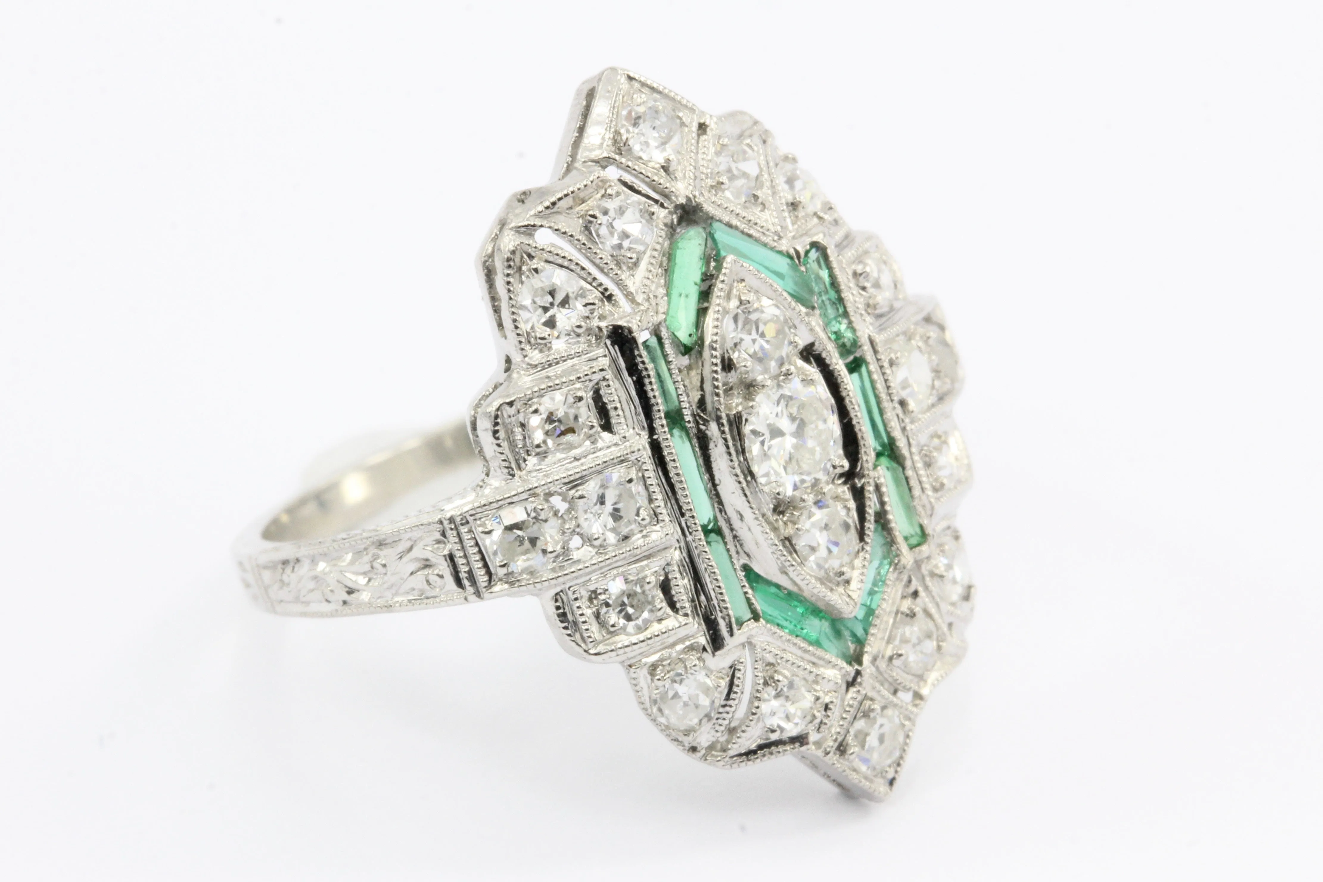 Art Deco Platinum Old European Cut Diamond Emerald Ring c.1920's