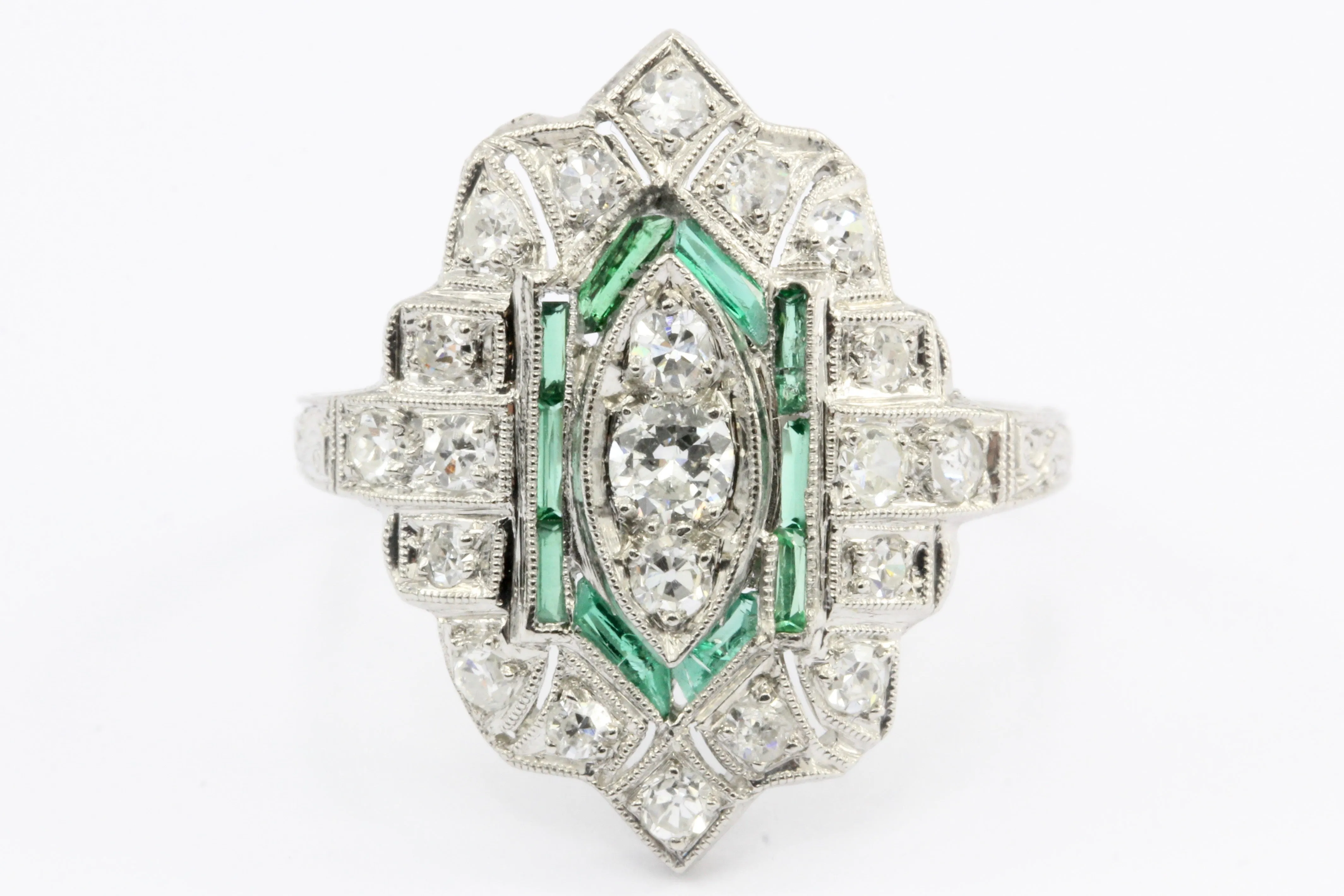 Art Deco Platinum Old European Cut Diamond Emerald Ring c.1920's