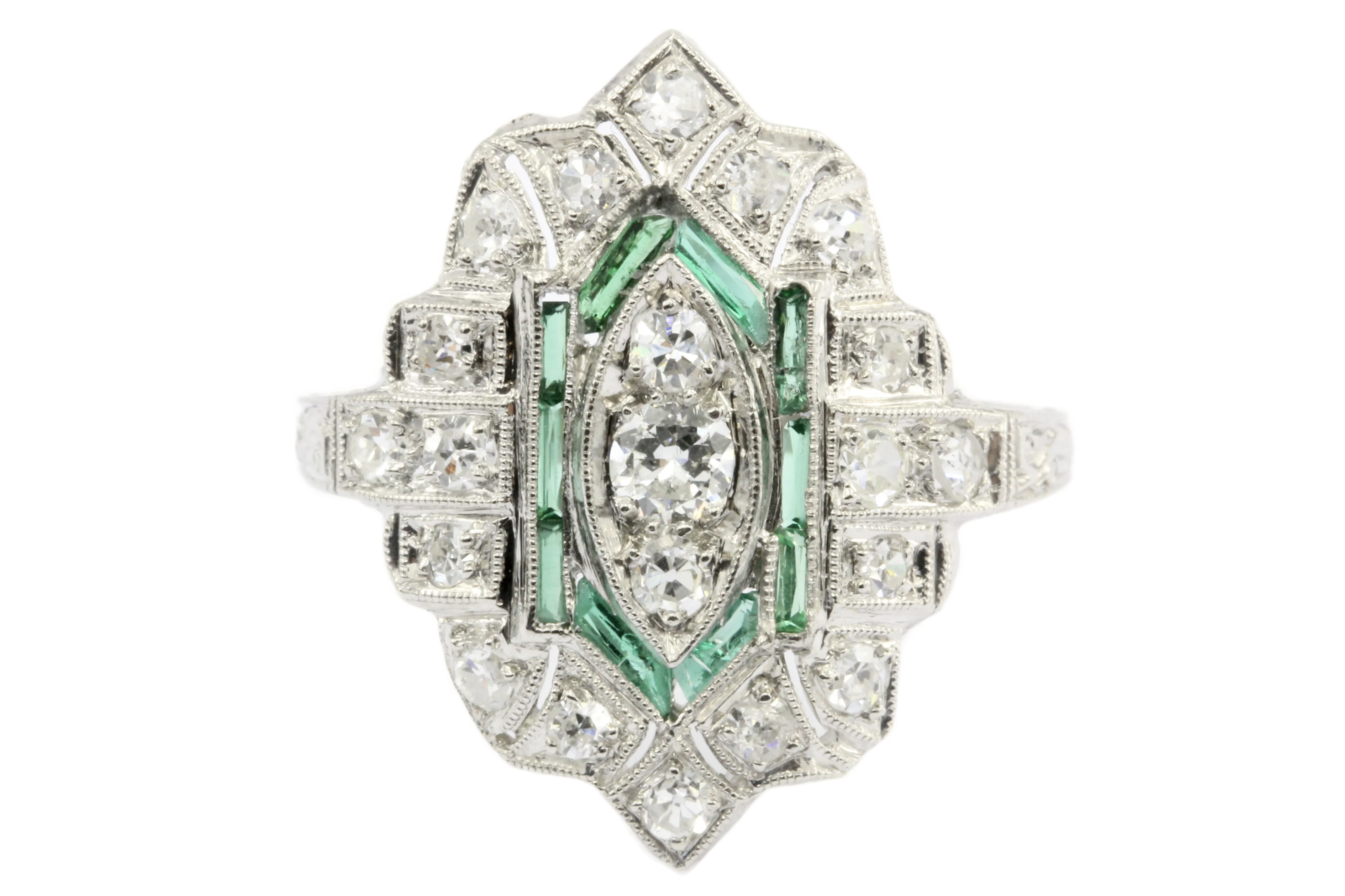 Art Deco Platinum Old European Cut Diamond Emerald Ring c.1920's
