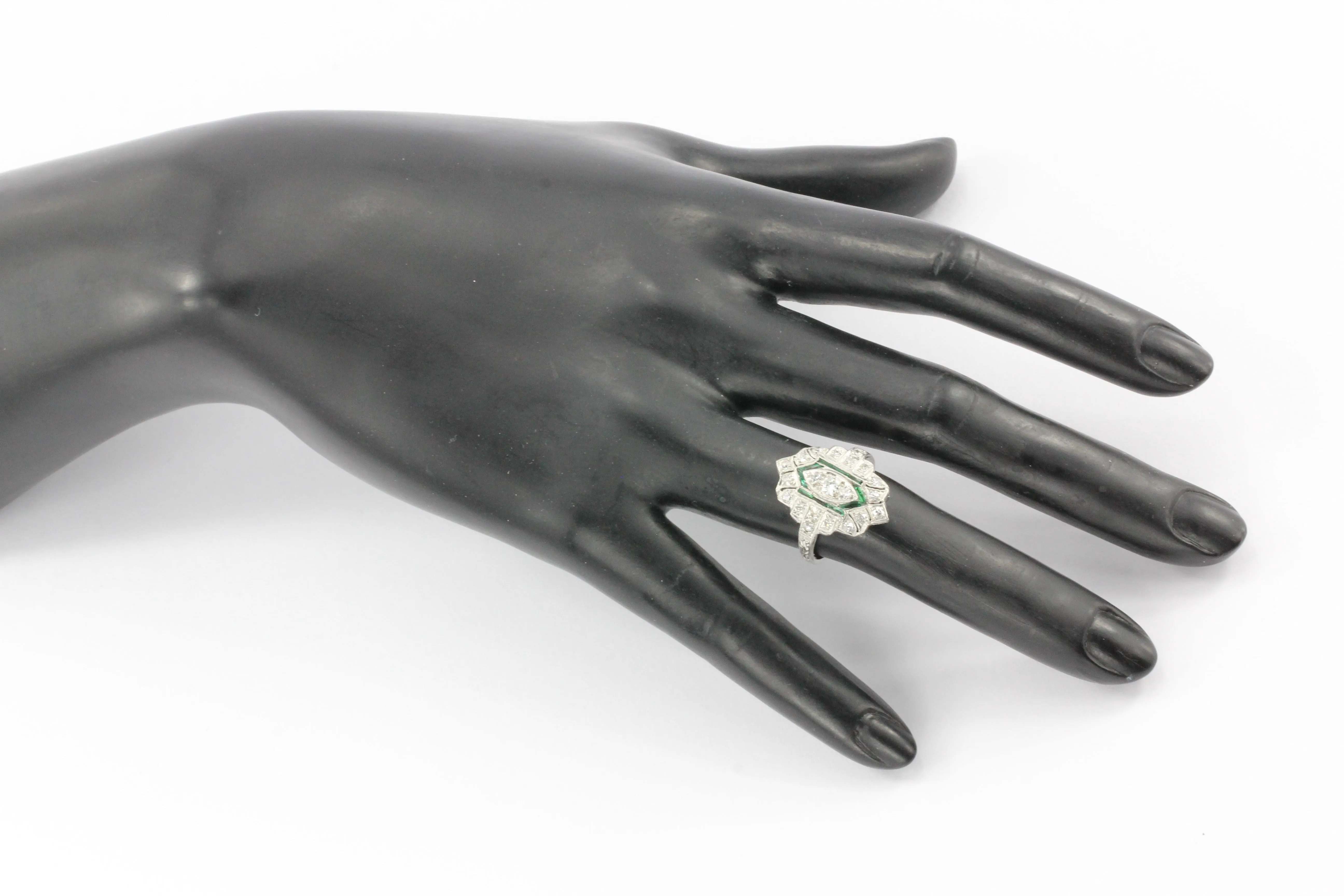Art Deco Platinum Old European Cut Diamond Emerald Ring c.1920's