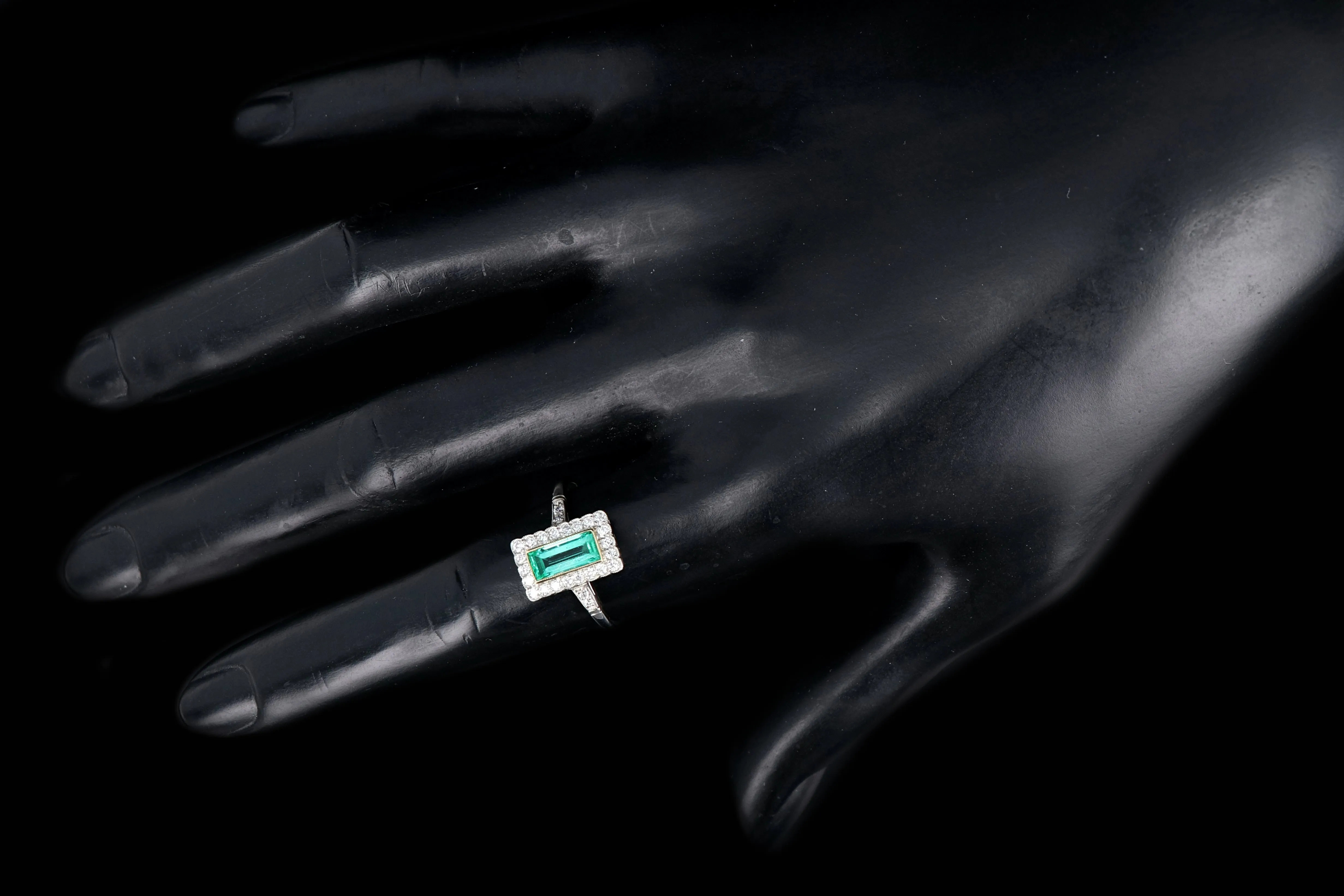 Art Deco Style Platinum .79 Carat Colombian Emerald & Diamond Ring