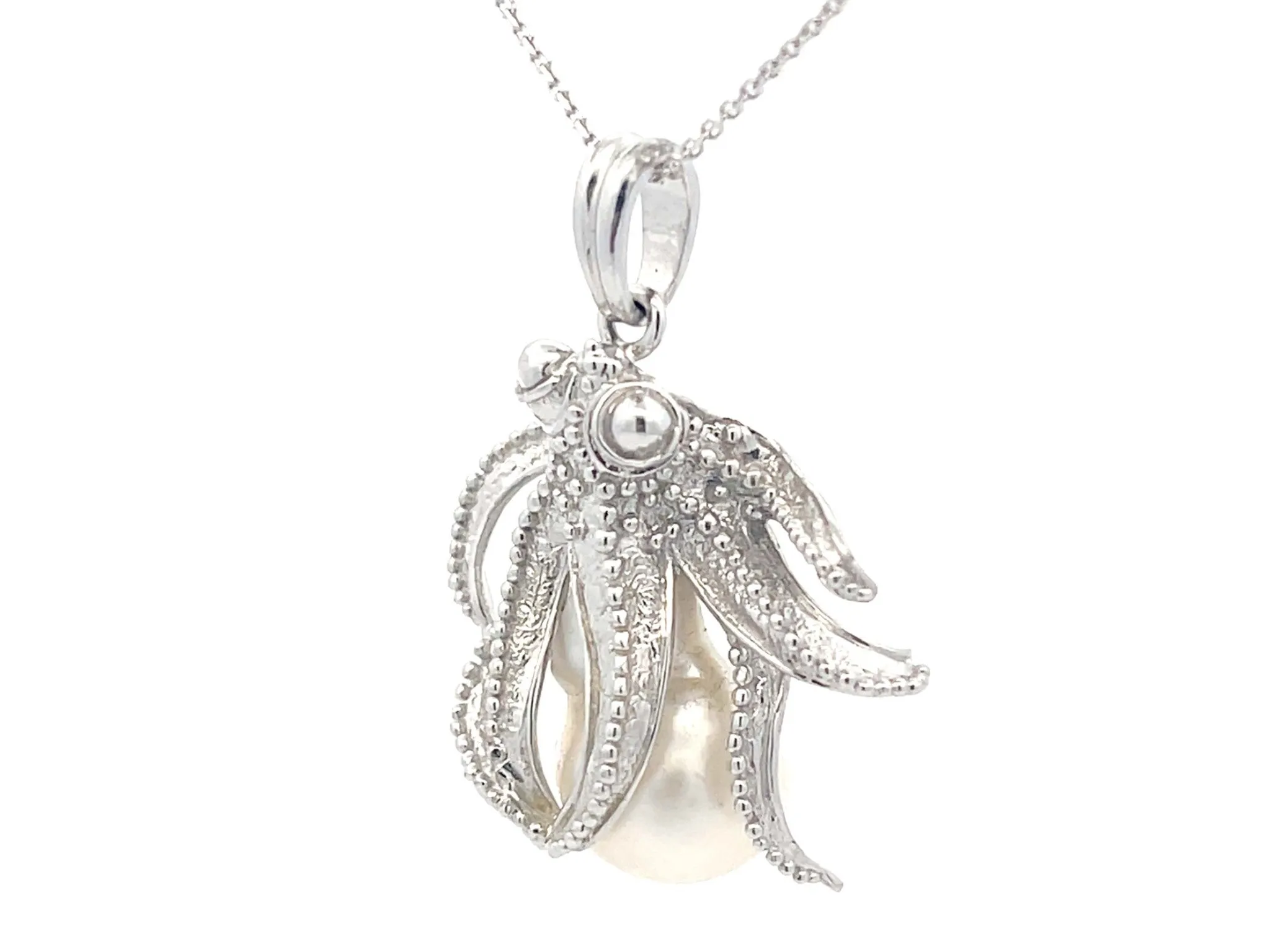 Assor Gioielli Octopus Baroque Pearl Pendant on Chain in 18k White Gold