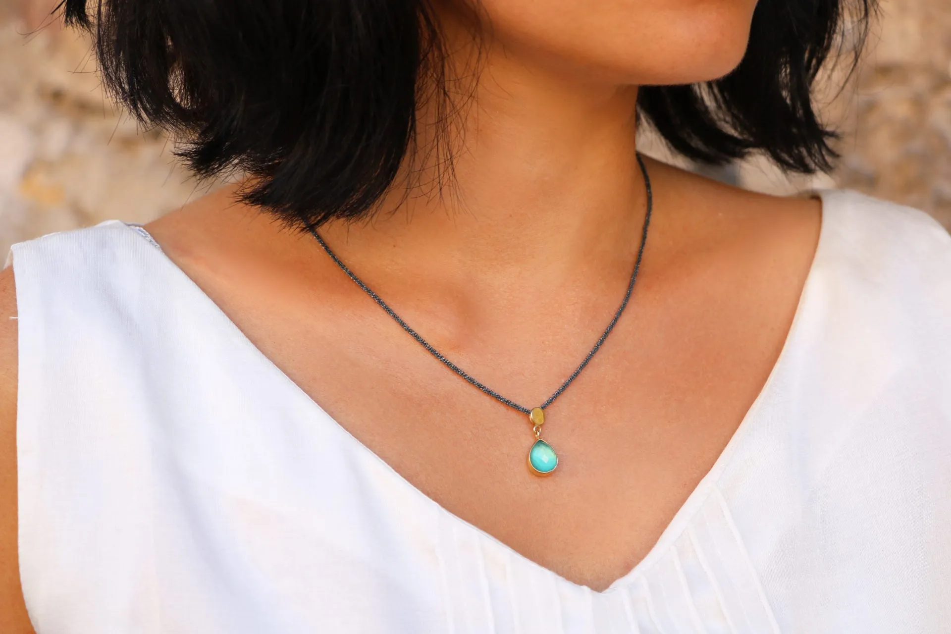 Athena gold drop necklace with green Onyx