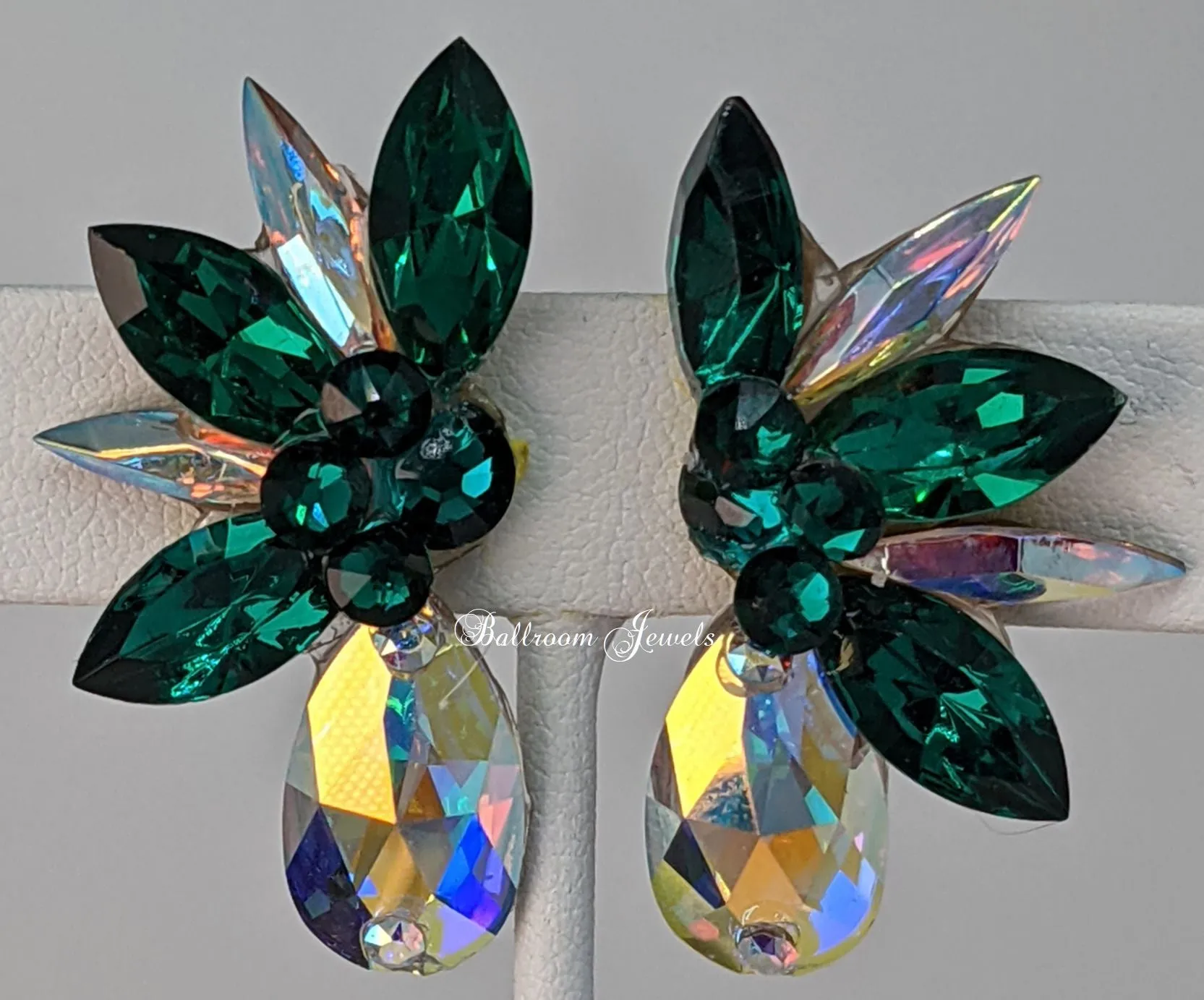 Ballroom Crystal Pear spray earring in Emerald green