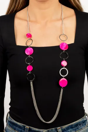 Beach Hub - Pink - Shell Disc Silver Hoop Paparazzi Long Necklace