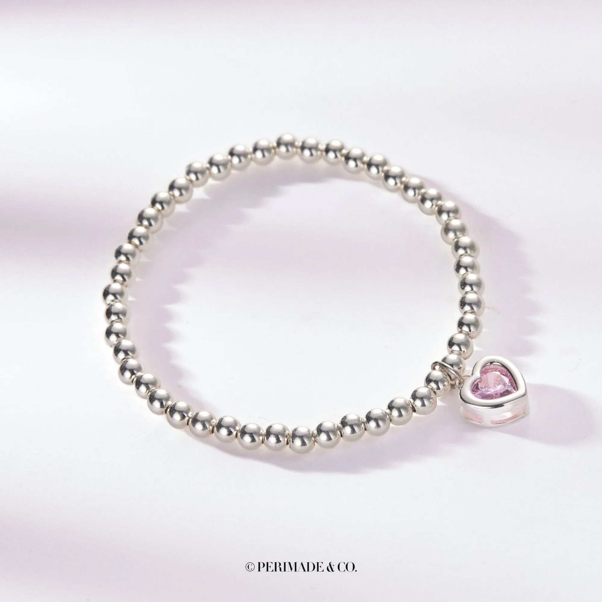 Birthstone Heart Charm Bead Bracelet in 925 Sterling Silver