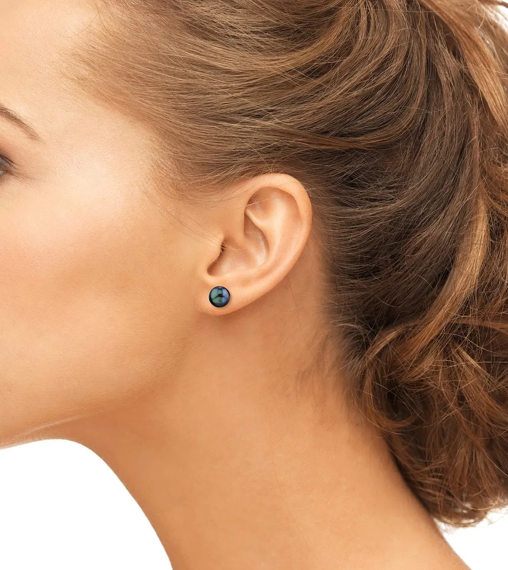 Black Akoya Round Pearl Stud Earrings, 7.5-8.0mm